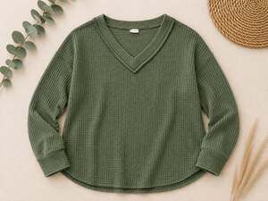 BIB! Olive Green Waffle Knit V-Neck Long Sleeve Top (j1)